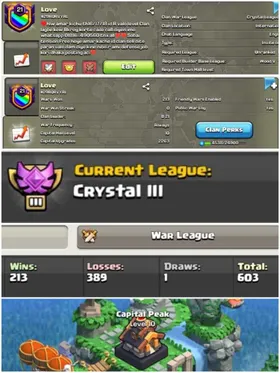 CU- 2263 ➤CLAN LEVEL 21 ➤ CRYSTAL LEAGUE 3➤NAME: LOVE ➤ RARE ENGLISH NAME ➤ CLAN CAPITAL 10 || WIN- 213 | LOSS- 389 ➤LOW PRICE