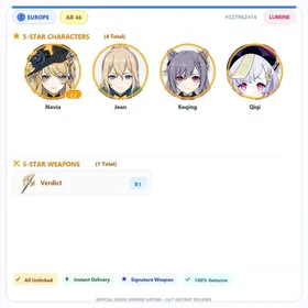 [EU] AR46 | Navia C1+Verdict+Jean+Keqing+Qiqi | 0-5000 Primogems | Female | All Unlinked