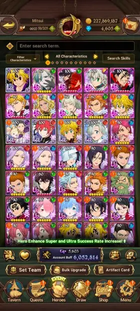 Global, 4.681💎6 Million buff, 5LR + 10UR + 13 collab chars : 6 chars Collab Rezero + Full Gachiakuta + Full Collab Fire Force, have newest UR Meliodas LR 1/6 + MerlinEscanor 5/6 + UR selector + Special Reward Box