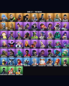 57 Skins Blaze ⭐️ Green Roots Billie ⭐️ Stray ⭐️ Dummy Supreme ⭐️ Helsie ⭐️ Cerberus ⭐️ SHADOW Enforcer ⭐️ The Ageless ⭐️ Spider-Man (Miles Morales) ⭐️ Reaper ⭐️ J Balvin ⭐️ Highwire ⭐️ Nezumi ⭐️ Twyn ⭐️ Era ⭐️ Mizuki ⭐️ Omegarok ⭐️ m9768038347