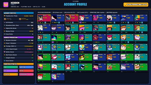 GEMS SPENT 2124 💙 18k TROPHY 💙 36 SKINS 💙 SQUAD BUSTER SHELLY 💙 SUPER RANGER BROCK PINK 💙 CLASSIC DYNAMIKE 💙 OMEGA BOX DARRYL 💙 PSG SHELLY 💙 SHARKTOOTH COLT 💙 VIKING BULL 💙 BARBARIAN KING BULL 💙 RED WIZARD BARLEY 💙 EL CORAZÓN 💙 50 BRAWLERS 💙 2 MAX