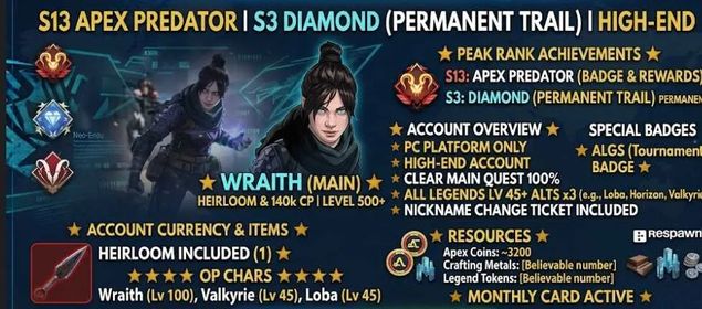 AL26 – Apex Legends Rare Rank Account | Season 13 Predator, Season 3 Diamond Permanent Trail & ALGS Badge