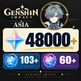 Asia/AR50+/Lohen+48000+ Primogems/Acquaint Fate：103+/Intertwined Fate：60+/7–15 random 4-star characters/Email or Microsoft account/Genshin Impact