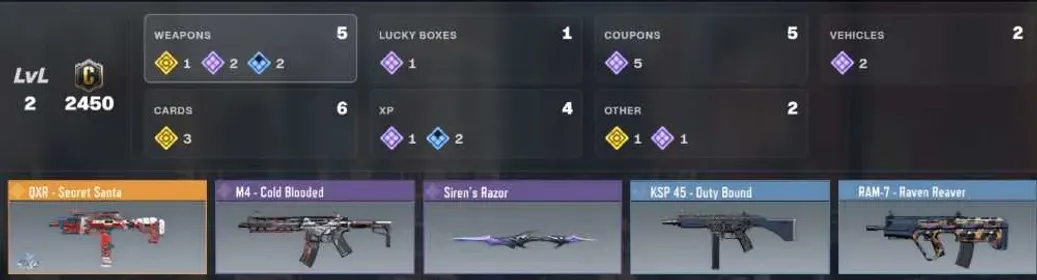 QXR - Secret Santa ✨M4 - Cold Blooded ✨Siren's Razor ✨2lvl/1Legend/2Epic/2Rare/2.5K C ✨KSP 45 - Duty Bound ✨RAM-7 - Raven Reaver ✨[LS]