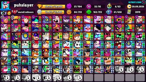58K Trophies LVL163 | 95/107 Brawlers | 33 Max Brawlers - 20 Hypercharges | 186 Skins | 653 Pins | 381 Icons | 198 Sprays