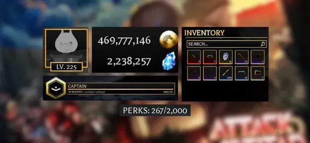 [ AOTR ] Account:430 Lv.225MAX 469M Gold , 2.2M Gems | Prestige 5 | Thunder spear set | 1 Different Serum | 199 Memory Scroll | Automatic Delivery | Roblox Account | Unverified Account |Attack on Titan Revolution