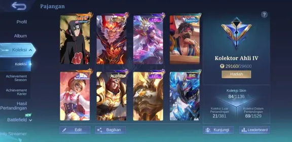 EX 351|LV 20|HERO 62|SKIN 84|EXPERT IV|0 MAX EMBLEM|2 SANRIO (ANGELA,FLORYN)|JULIAN ITACHI UCHIHA|CHOU KEN STRET OF FIGTER|SUN COLLECTOR|PHARSA TIDES|VALE GARA|