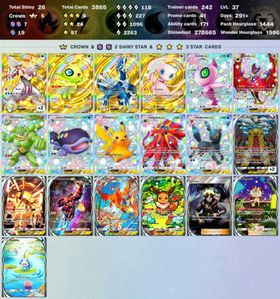 5033 ENG cards ✨Pack Hourglass 2432 ✨5 Crown (Mew ex, Palkia ex, Palkia ex, Celebi, Dialga ex) ✨Total Shiny 37 ✨3*(AR+) 11 ✨Poke Gold 49