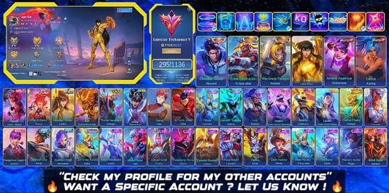 295 SKINS | LEGEND ALUCARD | COLLECTOR YIN SUN SHIN | SAINT SEIYA GOLD CHOU | PRIME GRANGER | 2 KOF | 3 ZODIAC | 19 LIMITED | 32 SHOP | RECALL EPIC |