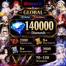 Global | 140000 Diamonds, 2300 Single draw coupon, 5★ Recruitment Ticket*3, 5★ Draw Ticket*10, 3000 pulls, 70-120 UR weapons, Beachside Angel Teresse +5, Dream Bride Eclipse +5, Daydream Bunny-Murphyia +5, Summer Vacation Dalvi +5, Frozen Queen Wilhelmina +5, Dark Saintess Liberta +5, Respected Master Roxy, Esteemed Adventurer Eris, Orcbolg Goblin Slayer, Supreme God Archbishop Sword Maiden, Earth Mother Believer Priestess, Daughter of Starwind High Elf Archer, Pure White Blessing Refithea, Water Park Queen Wilhelmina, Hedonist Liberta, Stray Cats Rou, Dancing Snowflake Yumi, Fist of Conviction Yozakura, Gentle Destroyer Yomi, Kind Ruthlessness Hikage, Noble Flame Ikaruga, random 70-100 five-star clothing