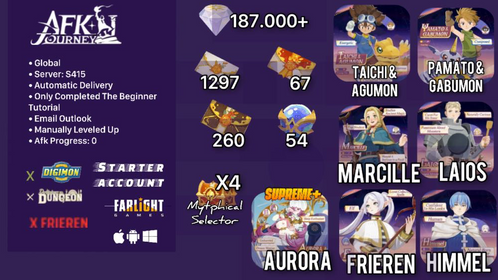 ⚔️ Frieren+Himmel+ Marcille+Laios+1625 invitations +187,000 diamonds+ 8 Celestial/Hypogean(4xselector) | AFK progress 0 | Global | S415 | Instant Delivery #afk05