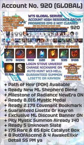 GLOBAL | 8.016 Mystic Medal New ML Lisette or Kayron Guaranteed Claim Mystic Summon Genesis Ras | New Era Account 2026 Milestone of Radiance ON | Exclusive For Newbie Heirs ML Discount Banner ON | 90 Galaxy Bookmark | Path of Heir POH Mission Available | Shepherd of the Dark Diene + School Nurse Yulha + Straze + Lone Crescent Bellona + Successor Taeyou + Dragon King Sharun + Dragon Bride Senya + Belian + Astromancer Elena + Commander Pavel + Specimen Sez + Twisted Eidolon Kayron + Specter Tenebria | Eye of the Abyss Fumyr + Aube + Tamarine + Aubade Ludwig + Estelle + Rinak + Robin + Fenne + Jenua + Setsuka + Afternoon Soak Flan + Landy + Ivana + Tactical Archetype Coli + Immortal Wukong + Guard Captain Krau + Saria + Ruiza + Aki High Resource Gacha Wish Account Epic Seven 920 | 2.179 Covenant Bookmark Available | High Resource Available | Check Picture For Detail or Message Me | INSTANT DELIVERY