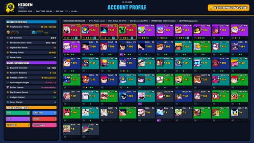 GEMS SPENT 4557 💙 20k TROPHY 💙 53 SKINS 💙 GODZILLA BUZZ 💙 ROBO MIKE 💙 SQUAD BUSTER SHELLY 💙 DARK ANGEL COLT 💙 SUPER RANGER BROCK YELLOW 💙 COACH MIKE 💙 CLASSIC DYNAMIKE 💙 DYNASTY MIKE 💙 EL DRAGÓN VERDOSO 💙 DESPERADO POCO 💙 CAESAR SAM 💙 62 BRAWLERS 💙 4 MAX