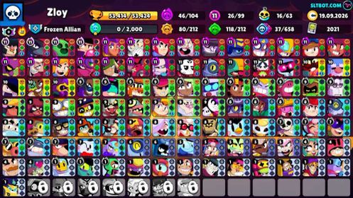53K Trophies LVL55 | 99/107 Brawlers | 26 Max Brawlers - 21 Hypercharges | 219 Skins | 559 Pins | 367 Icons | 179 Sprays