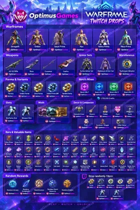 Twitch Drop (2343) items | Mesa Prime + Saryn Prime + Sevagoth + Ember + Valkyr Prime + AX-52 + Haalvu + 37 Forma + 7 Adapters
