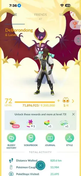LEVEL 72 | 979 POKEMON | 22 HUNDOS | 2 SHUNDOS | 242 LEGENDARIES | 47 MEWTWO | 77 ULTRA BALLS | 2 MASTER BALLS | 216 SHINIES | 1 MYTHICAL |   Trainer Level: Level 72 (71.8M+ XP)  Stardust: 9.95 Million+  Total Caught: 53,984 | PokéStops Visited: 23,695  Pokédex: 620 Caught | 110 Shiny Entries  Master Balls: 2x  Shundos (Shiny + 100% IV): 2x (CP 2884 Shiny Dialga, CP 2480 Shiny Entei)  Hundos (100% Perfect 4★): 22 Total  Shinies: 216 Total (17 Shiny Legendaries)  Legendaries: 242 Total (47 Mewtwos, Lunala, Groudon, Kyogre, Dialga)  Shadows: 59 Total  CP 2000+ Pokémon: 218 Total  Special Moves (⁠@special⁠): 130 Total  Mega Energy: 3,850 Mewtwo X / 15,400 Mewtwo Y  Rare Candies: 230x Rare Candy | 32x Rare Candy XL  Elite TMs: 2x Elite Charged TM | 1x Elite Fast TM  Standard TMs: 70x Fast TM | 75x Charged TM  Berries: 273x Golden Razz Berry  Boosts & Tools: 15x Lucky Egg | 10x Incense | 11x Star Piece | 18x Lure Modules |