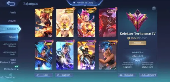 EC371|LV 96|HERO 133|SKIN 363|EXALTED IV|3 PRIME (CLAUDE,BEATRIX,YU ZHONG)|KARINA KOF|NATALIA CC|2 LUCKYBOX (HAYABUSA,GATOTKACA)|2 ANNUAL (KARRIE,LESLEY)|