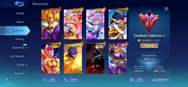 [IOS/ANDROID] CEL LVL 141 | 133 HEROES | 437 SKINS | EXALTED 2 | NARUTO LOADING EFFECT | MAX EMBLEMS | JOHNSON LEGEND - 3 ASPIRANT GUINEVERE - ARGUS STARWARS - 8 LUCKYBOX SABER HAYA ZILONG