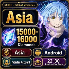Asia | Android | Starter Account | 15000-16000 Diamonds, Crimson Demon Lord Guy Crimson, 22-30 Random Five Stars