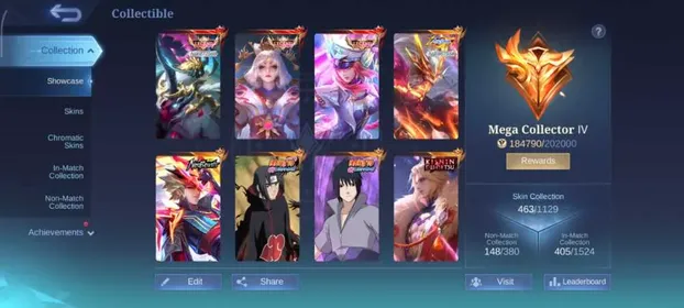 463 skins|legend alpha, legend freya, legend lunox, kishin lance, neo ling, itachi, sasuke, allstar moskov, prime claude and yu zhong, aspirants lesley, etc.etc.