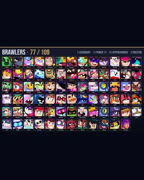 🏆 12.2K Trophies • 🎮 77/109 Brawlers • 🎨 166 Skins • ⭐ 7 Legendary • ⚡ 31 Hypercharged • 💪 11 Maxed P11 • 👑 2 Prestige • 💎 2 Legendary / 13 Mythic / 3 Hypercharge Skins • 🔥 Outlaw Colt, Dustin Nita, Bandita Shelly, Constructor Jacky m9735395669