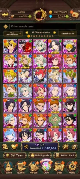 Global, 3.675💎 7 Million buff, 7LR + 11UR + 15 collab chars : Full Gachiakuta + 6 char Rezero + Full Konosuba + Fire Force Sho + Shinra (have newest UR Meliodas LR + MerlinEscanor 2/6 + Tristan + Skuld + EliMeli + Lancelot + Thor + Sabunak + Gowther + Arthur + King Demon Meliodas ) , have Special Reward Box