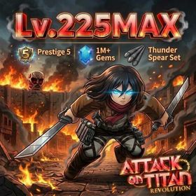 [ AOTR ] Lv.225MAX 1M+ Gems | Prestige 5 | Thunder spear set | Random Item | Fast Delivery | Roblox Account | Unverified Account | Attack on Titan Revolution