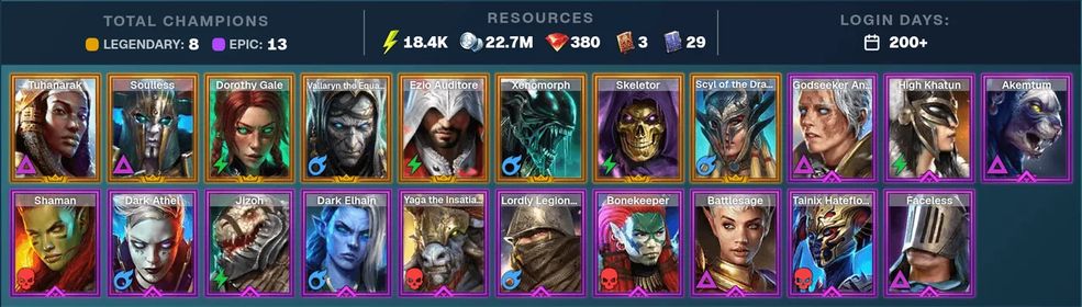 ⚔️ Tuhanarak ✨ Soulless ✨ Elenaril | ⚡ 9 Legendary · 14 Epic · 395 Gems