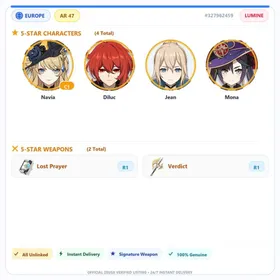 [EU] AR47 | Navia C1+Lost Prayer to the Sacred Winds+Verdict+Diluc+Jean+Mona | 0-5000 Primogems | Female | All Unlinked