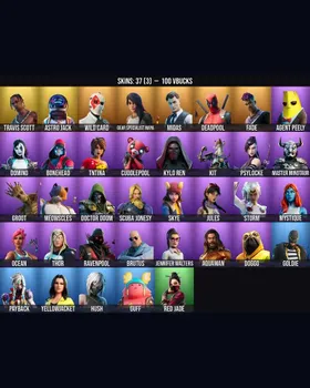 37 Skins Travis Scott ⭐️ Deadpool ⭐️ Astro Jack ⭐️ Meowscles ⭐️ Midas ⭐️ Wild Card ⭐️ Hush ⭐️ Skye ⭐️ Guff ⭐️ Doggo ⭐️ Domino ⭐️ Psylocke ⭐️ Ravenpool ⭐️ Cuddlepool ⭐️ Jennifer Walters ⭐️ Mystique ⭐️ Kylo Ren ⭐️ Groot ⭐️ Doctor Doom ⭐️ Oc m9950647870