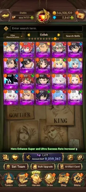 Global, 5.875💎 9 Million buff, 19LR + Full 🔥16UR + 20 collab chars : Full Gachiakuta + Full Fire Force + 6 Rezero chars + Full Solo Levelling  + Full Konosuba  + Shadow, have newest UR Meliodas 2/6 + Another Meliodas + Another Ban + 200x LR coin + Special Reward Box