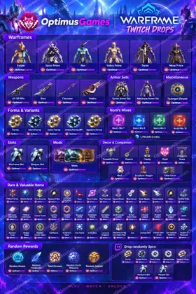 Twitch Drop (2238) items| Mesa Prime + Saryn Prime + Ember + Dante + Valkyr Prime + AX-52 + Haalvu + x7 Archon Shards + 28 Forma