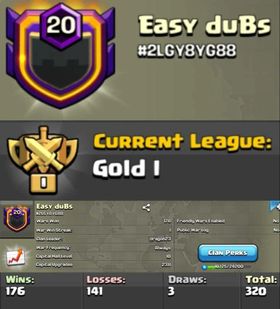 Level 20 clan || clan capital 10 || gold 1 || warlog 176-141 || name - Easy duBs
