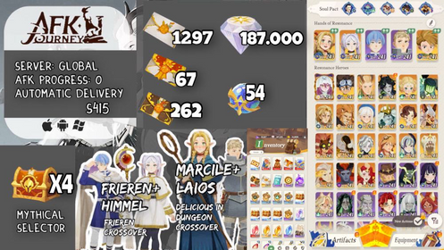 ⚔️ Frieren+Himmel+ Marcille+Laios+1625 invitations +187,000 diamonds+ 8 Celestial/Hypogean(4xselector) | AFK progress 0 | Global | S415 | Instant Delivery #afk05