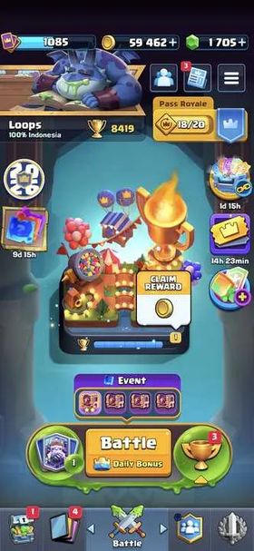 CR | Loops | 3 TOWER | 1 HERO | 8 EVO | GEMS 1705 | CN FREE | TROPY 8419 | ARENA 21