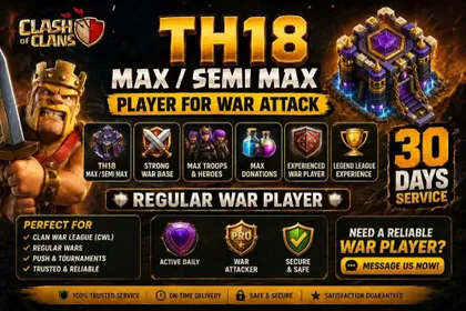 FOR WAR RENT 2x TH 18 MAX or SEMI MAX PLAYER🔥30 DAYS🔰RENT SERVICE⚜️REGULAR WAR PLAYER☯️PROFESSIONAL ATTACK✅